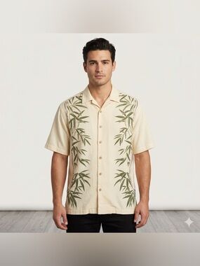 Jamaica Jaxx Cream Short-Sleeve Button-Down with Green Bamboo Print